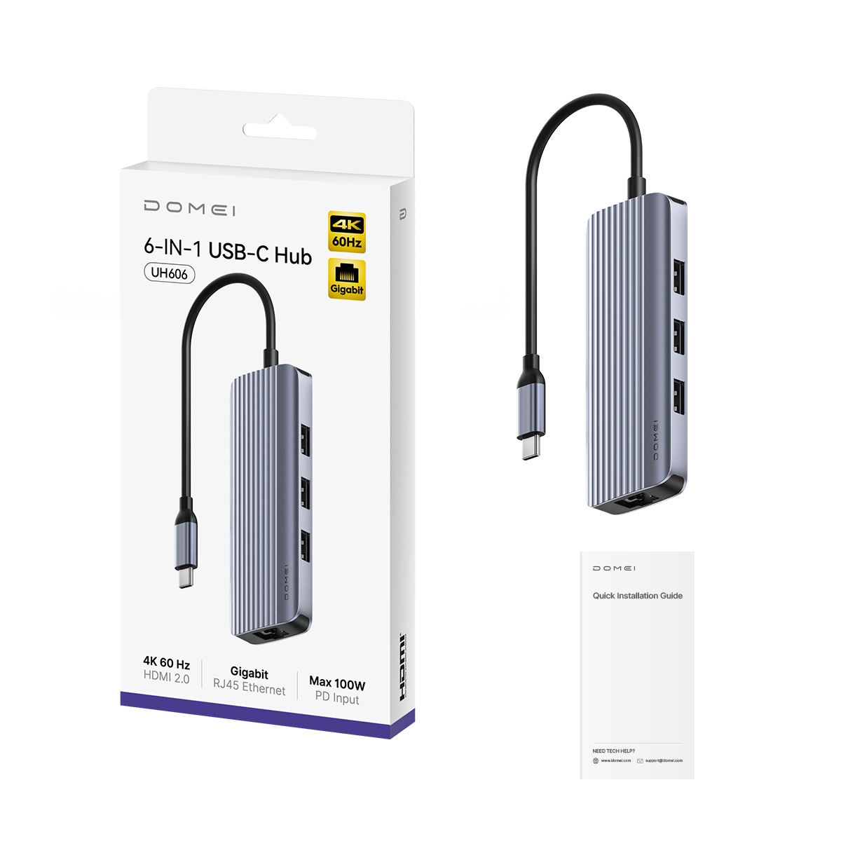 6-In-1 USB-C Hub with Gigabit Ethernet Port, UH606 1.0